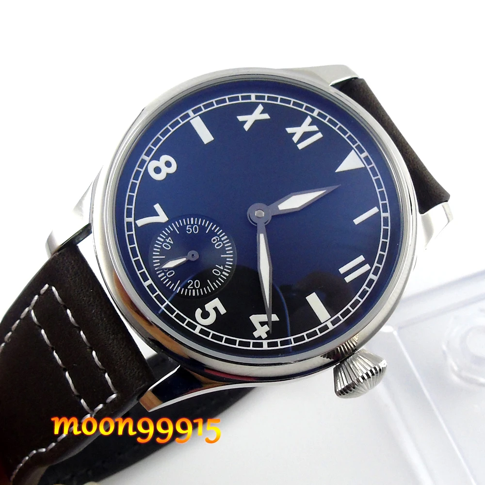 

44mm parnis green luminous black dial Special @6 hand winding 6498 mens Watch