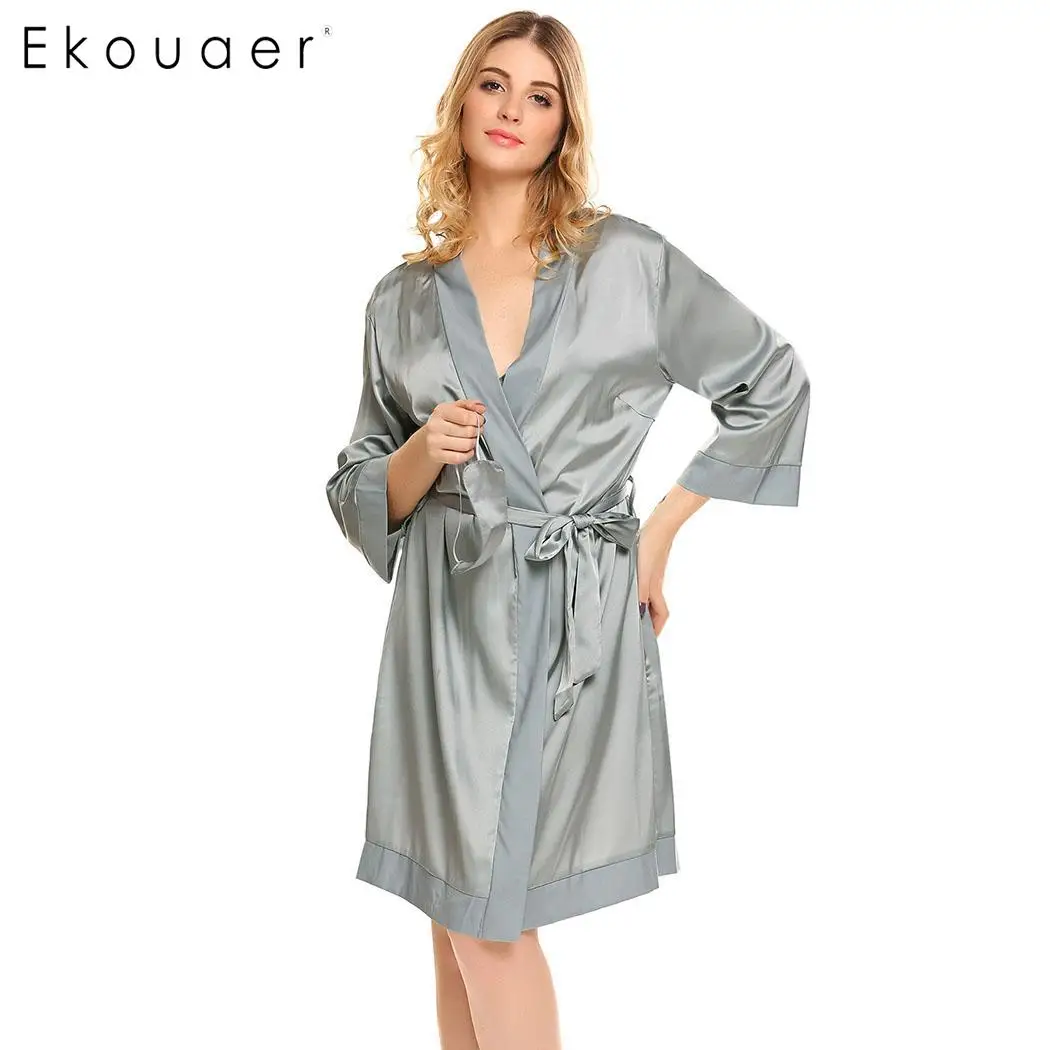 

Ekouaer Women Sexy Sleepwear Set Solid Spaghetti Strap Nightgown Kimono Robe Sets with Belt Eye Mask Silk Bathrobe Nightwear