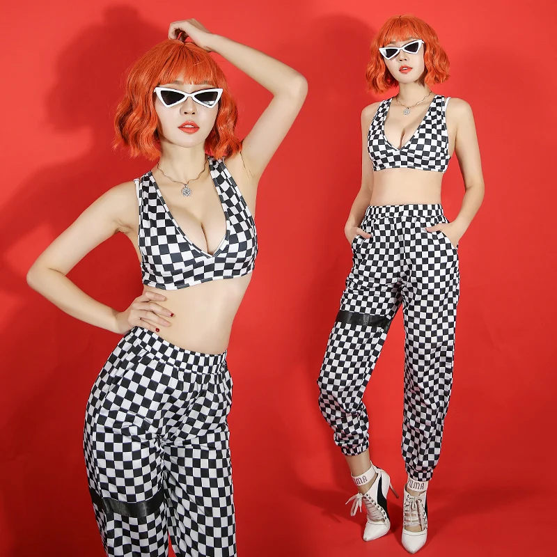 

Hip Hop Dance Costumes Plaid Tops Pants Nightclub Dj Ds Gogo Singer Costume Women Rave Performing Clothes Female Wears DN2907