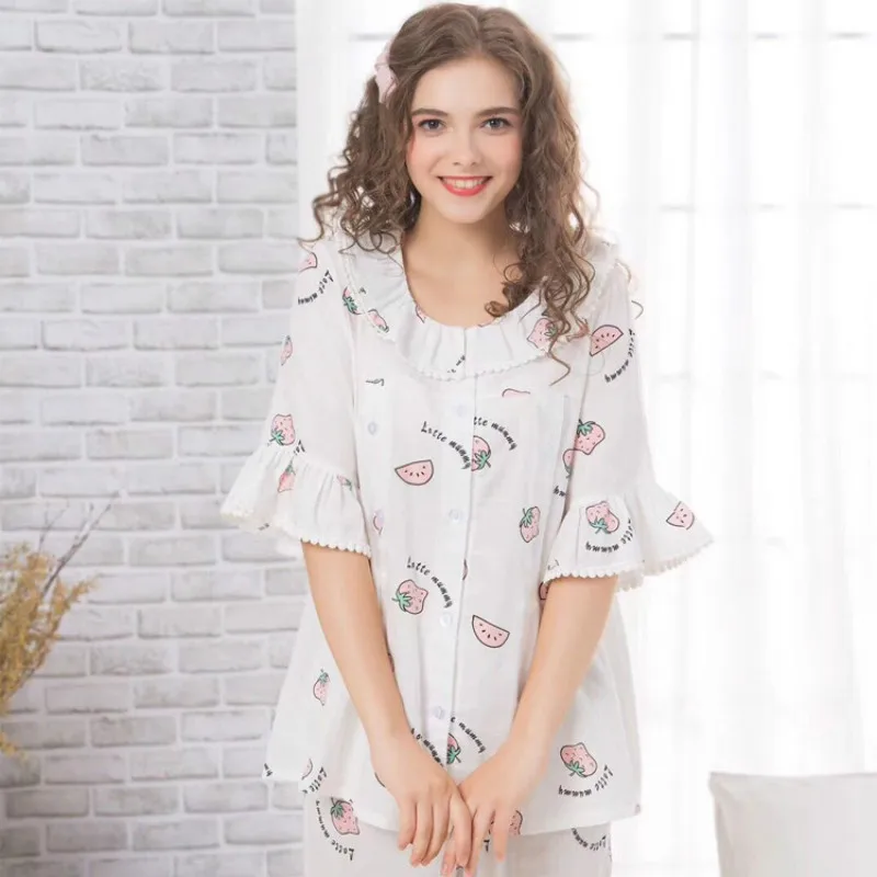 

2019 Summer New Pregnant Women with Pure Cotton Double Gauze Large Size Pajamas Suit Home Moon Suit Pregnancy Sets Breastfeeding