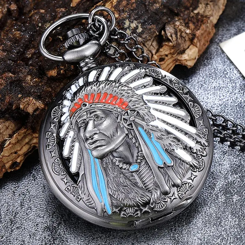 Vintage Indian People Quartz Pocket Watch For Men Women Hollow Necklace