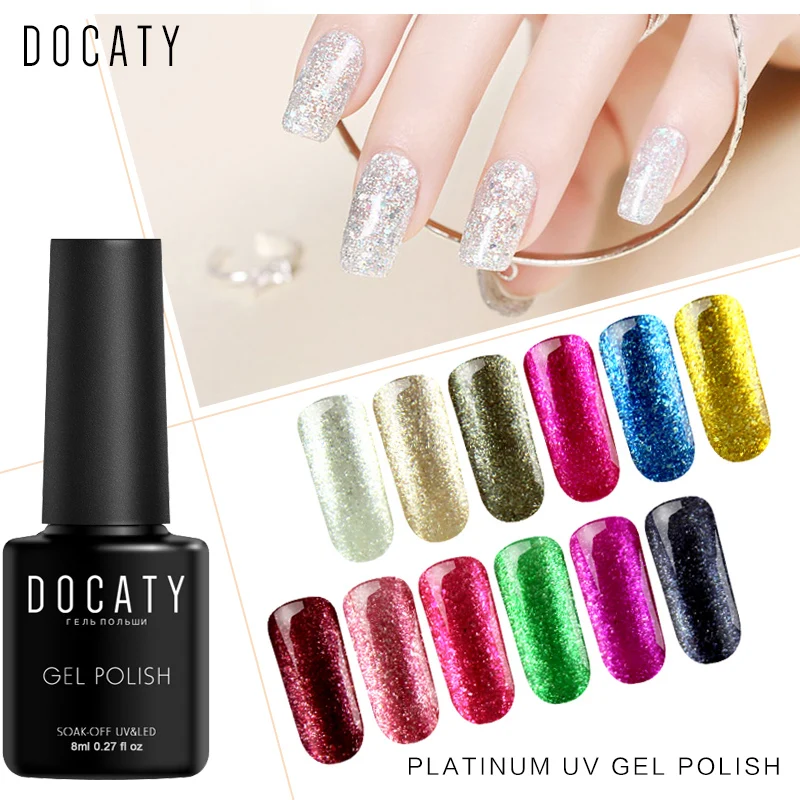 

Docaty Soak Off UV Gel Polish 8ml Platinum Starry Bling Glitter Gel Lacquer Long Lasting Nail Art Design Color UV LED Varnish