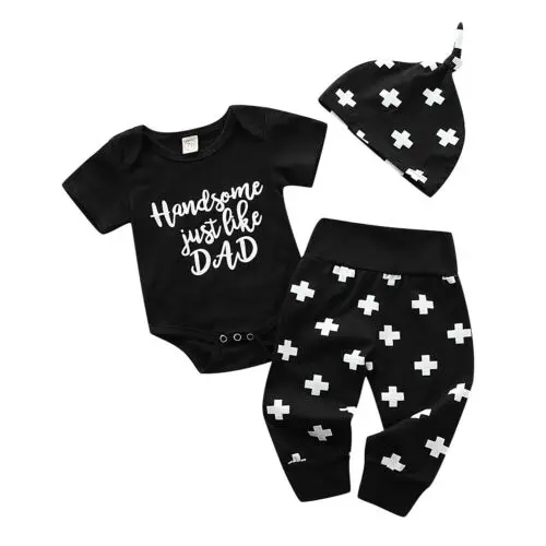 

Focusnorm Newborn Baby Boy Cotton Clothes Set Casual Short Sleeve Print Letter Romper Long Pants Hat Outfit Clothes 0-18M
