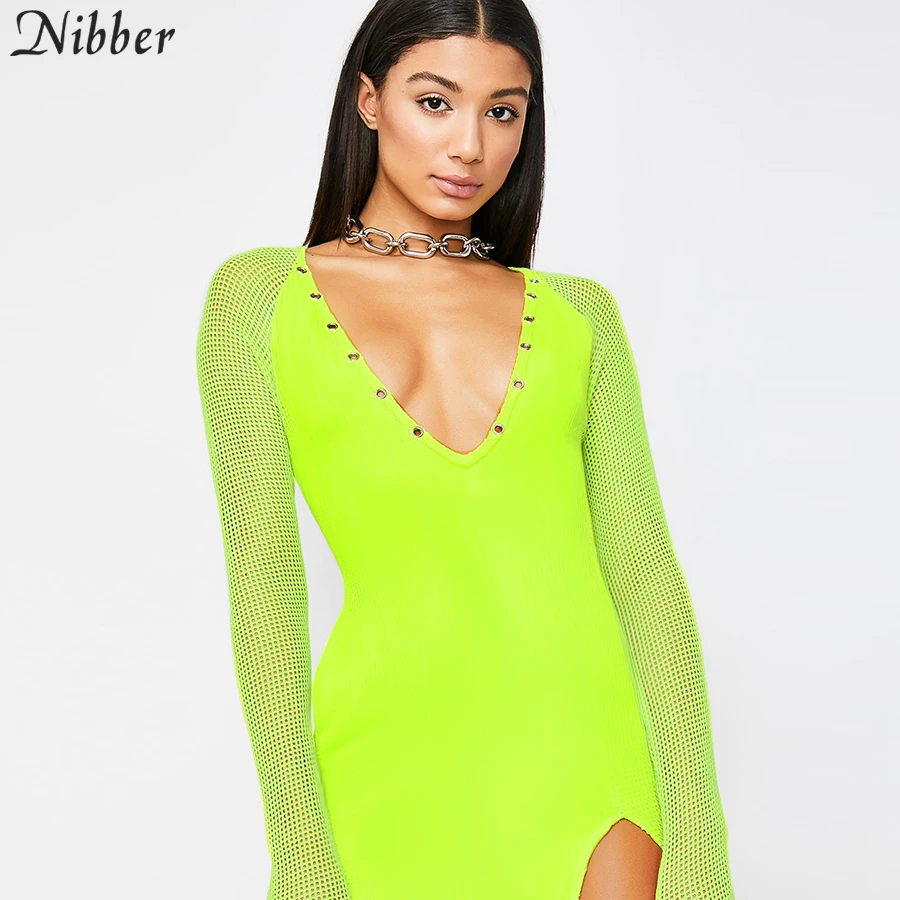 

Nibber spring new Fluorescent green Women Casual Mesh dress 2019 Summer fashion Basic long sleeve beach Leisure vacation dresses