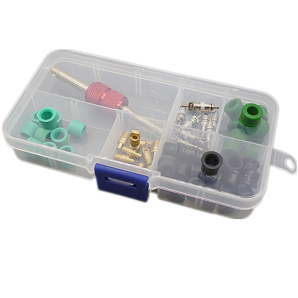 

Automotive Air-Conditioning A/C Hose Adapter Rubber Gasket O-Rings Seal & AC Schrader Valve Core & Remover Tool Assortment Kit
