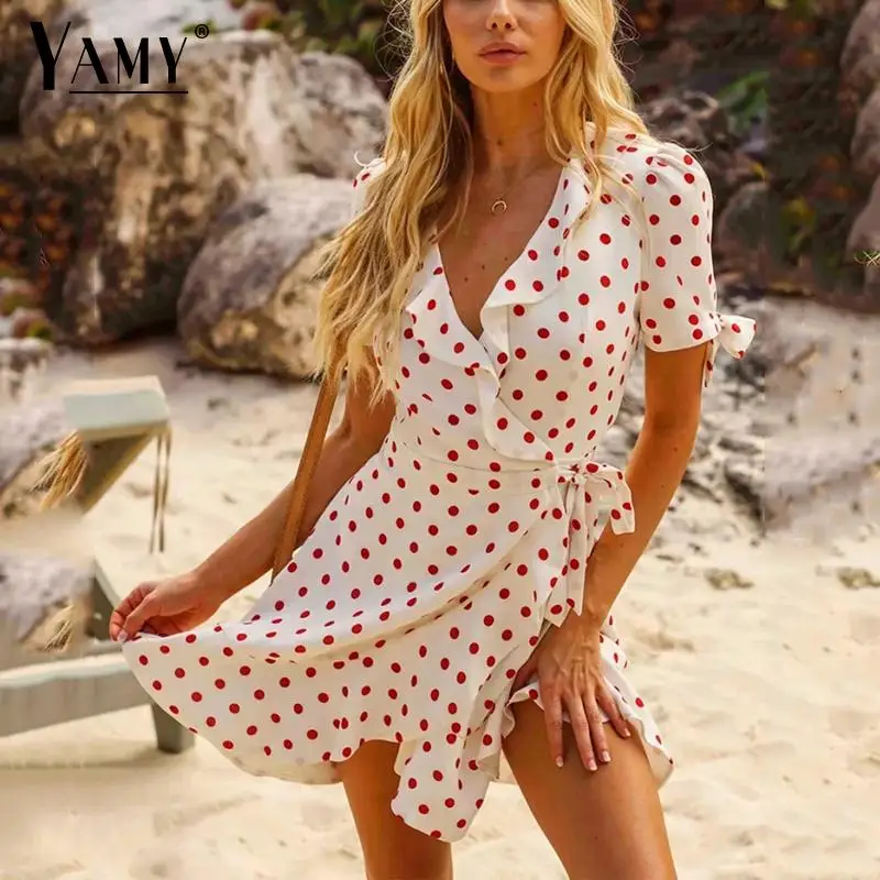 

Boho Vintage chiffon red polka dot dress women summer dress Casual short sleeve wrap beach dress 2019 korean clothes vestidos