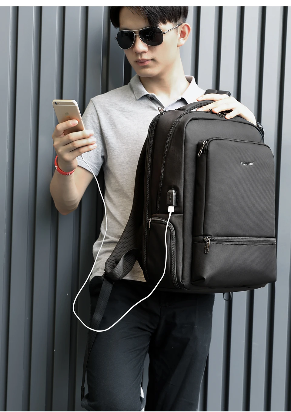 2.USB charging black backpack