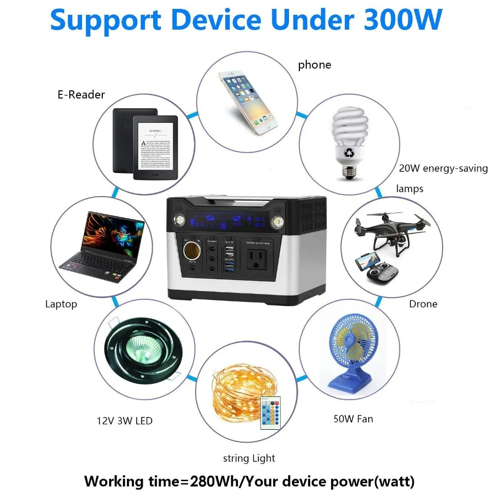 

280WH Portable Generator Rechargeable Lithium Battery Pack Solar Generator Power Station with 110/220VAC Outlet For Backup Power