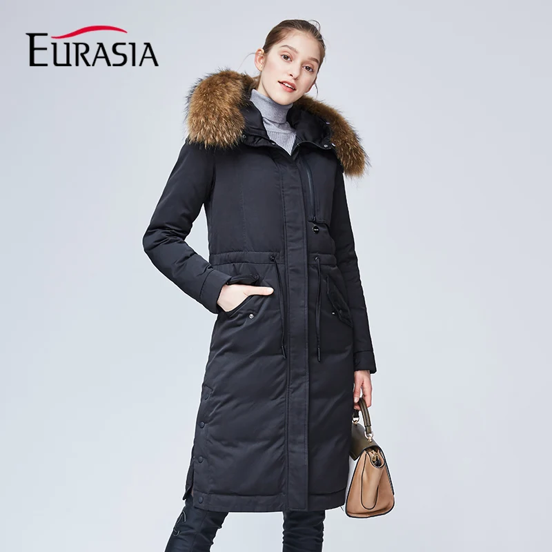 Евразии Новое поступление Дизайн бренд Для женщин зимнее пальто Длинная натуральной меховой воротник с капюшоном Плотные пуховики держать теплая куртка YD1859 - Цвет: Black