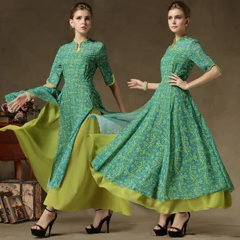 

Spring Summer 2018 Cheongsam Long Dress Fake Two-pieces Double Swing Big Long Maxi Green Folk Women Floral Patchwork Print Dress