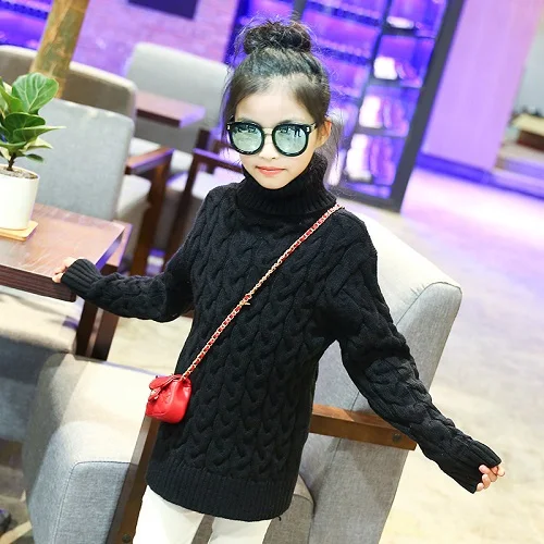 Свитера для девочек осенне-зимние повседневные однотонные детские свитера пуловер с высоким воротником свитер для маленьких девочек одежда для детей 6, 8, 10, 12, 14 лет - Цвет: Черный
