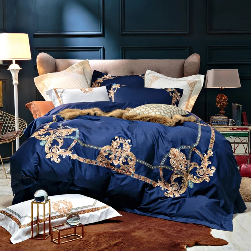 

Luxury Blue 100S Egyptian cotton Exquisite Golden Embroidery Bedding set Duvet Cover Bed Linen Bed Sheet Pillowcases 4Pcs