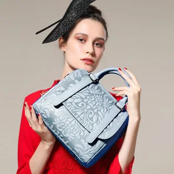 

Korean Style Genuine Leather Handbag Flower Pattern Top Leather Cover Top-handle Bags Women Party Shoulder Bags Sent Friend Gift