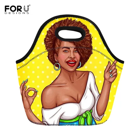 Ilustração de Uma Tote para o Trabalho e Escola Forudesigns Isolado Neoprene Almoço Bolsa Pop Arte Mulher Negra Presente Reutilizável Macio