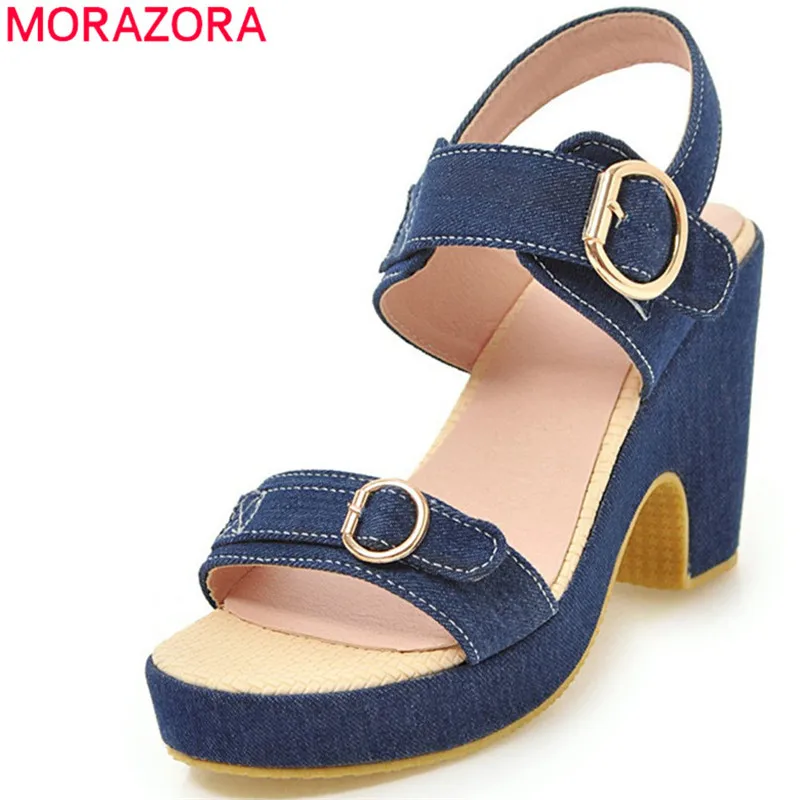 

MORAZORA 2018 new arrive denim women sandals simple buckle summer shoes solid comfortable 9cm square heels fashion shoes woman