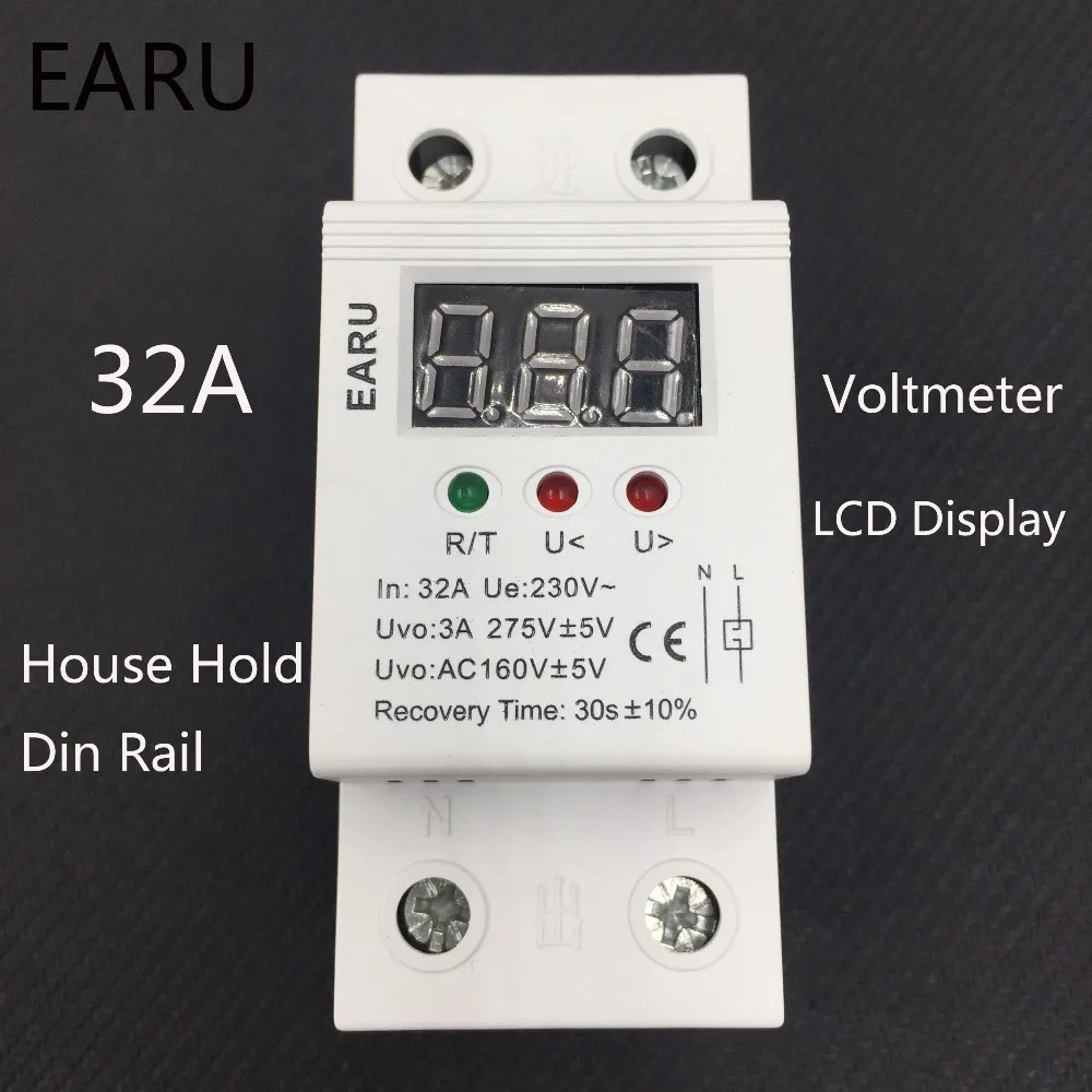 

1 pc 32A 220V Self Recovery Automatic Reconnect Over & Under Voltage Protector Lightening Protection Relay LCD Voltmeter Monitor