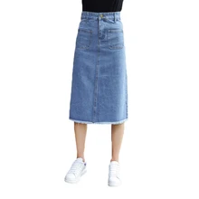 Для женщин Джинсовые юбки осень Стиль модные синие заусенцы карманы мыть трапециевидной формы джинсовые юбки голубой Классическая удлиненная юбка S-XL WICCON