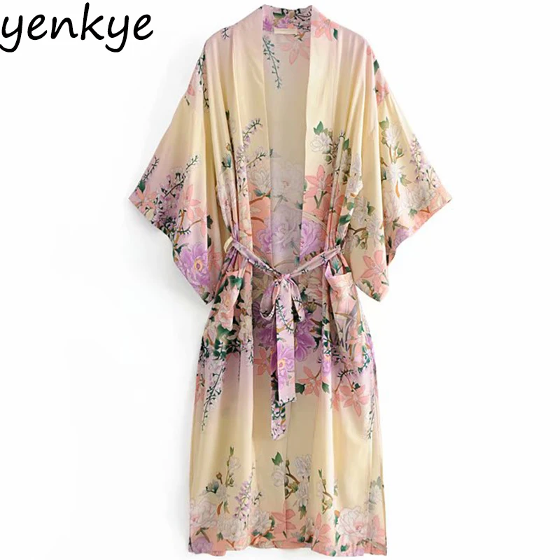 

Women Oversized Floral Print Kimono Dress Female V Neck Batwing Sleeve With Belt Casual Beach Summer Boho Dress Long robe longue