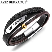 AZIZ BEKKAOUI queen браслеты из нержавеющей стали с короной магнит многослойный браслет из воловьей кожи для мужчин панк кожаный браслет