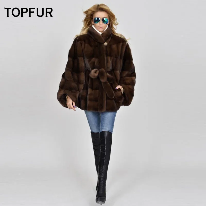 

TOPFUR Real Mink Fur Coat 2018 For Women Bat Sleeve Mink Fur Coat Whole Skin Piece Fur Jackets For Female Fashion Brown