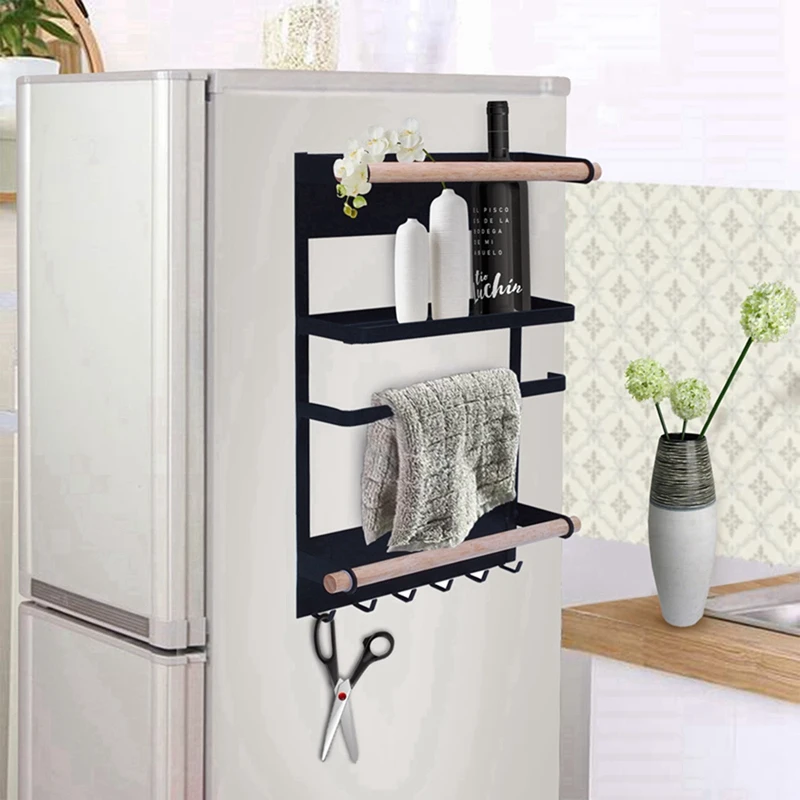 Kitchen Rack Fridge Magnetic Organizer -Design Paper Towel Holder, Rustproof Spice Jars Rack, Heavy-duty Refrigerator Shelf St