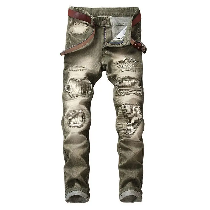 Hot New Brand Biker Jeans Men High Stretch Cargo Denim Jeans Solid Designer  Pleated Slim Jean Men