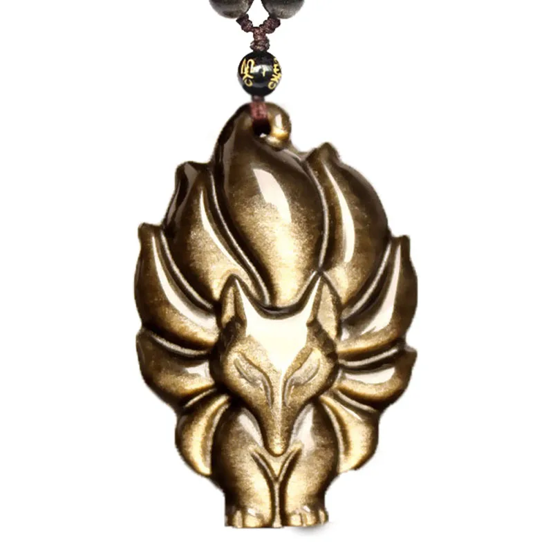 

QIANXU Gold Obsidian Pendant Necklace Nine Tail Fox Necklace pendant Fox Ward off Bad Luck With Chain