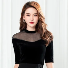 Латинский танец Топ черный рукав средней длины, Женская Румба ча-ча Сальса Танцы рубашки Для женщин Бальные рубашки одежда для сцены DNV11653