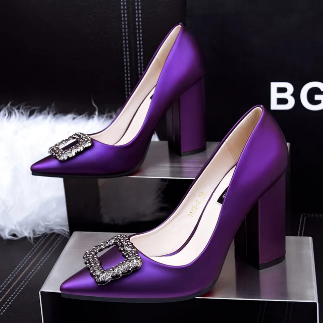 New Pointed Toe Block Heels Rhinestone Shoes Woman Autumn 2018 Purple Black High Heel Pumps Women Office Wedding Shoes