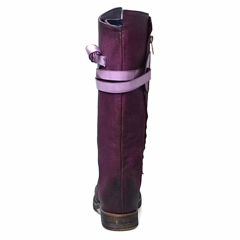 Mabaiwan Винтаж фиолетовый Для женщин сапоги до колена Гладиатор Сапоги в жокейском стиле Для женщин из натуральной кожи Botas Militares плоской