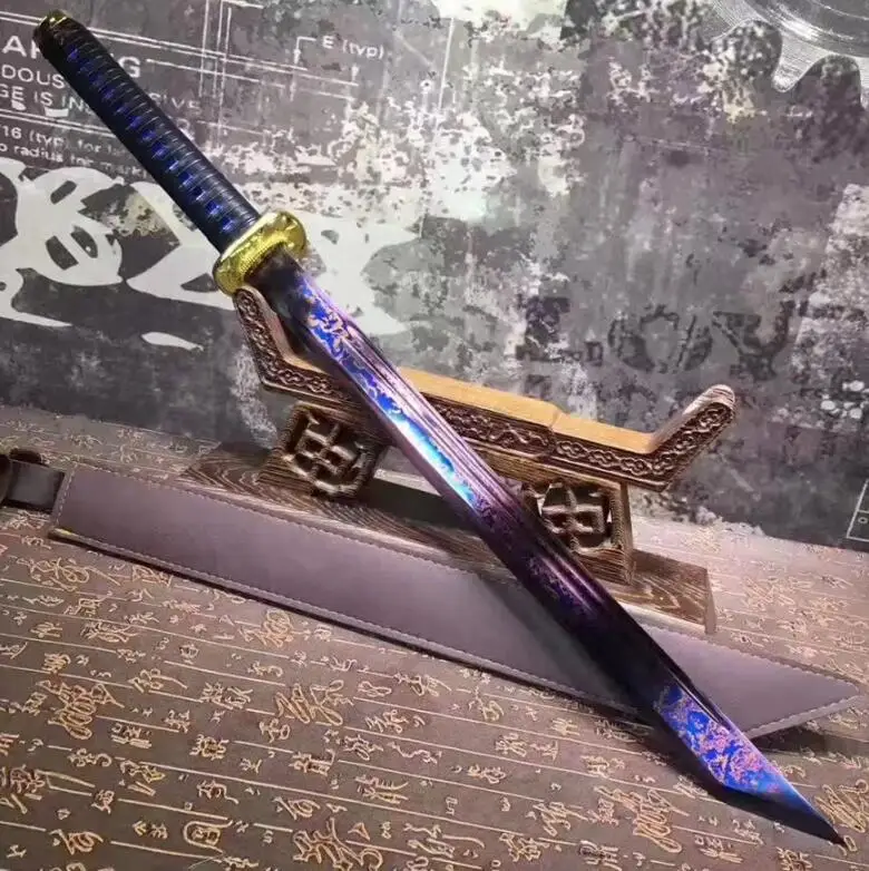 Ручная ковка, сложенный узор, стальной синий клинок, острый китайский широкий меч, меч, кожаный футляр HL