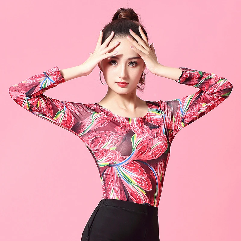 

2019 Women Latin Dance Tops Sexy Colorful Long Sleeve Practice Dancing Shirt Female Adult Standard Ballroom Dance Clothes DL3633