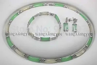 

LHX54016>>>>>Natural Green & White Jade Link Necklace Bracelet earrings Set