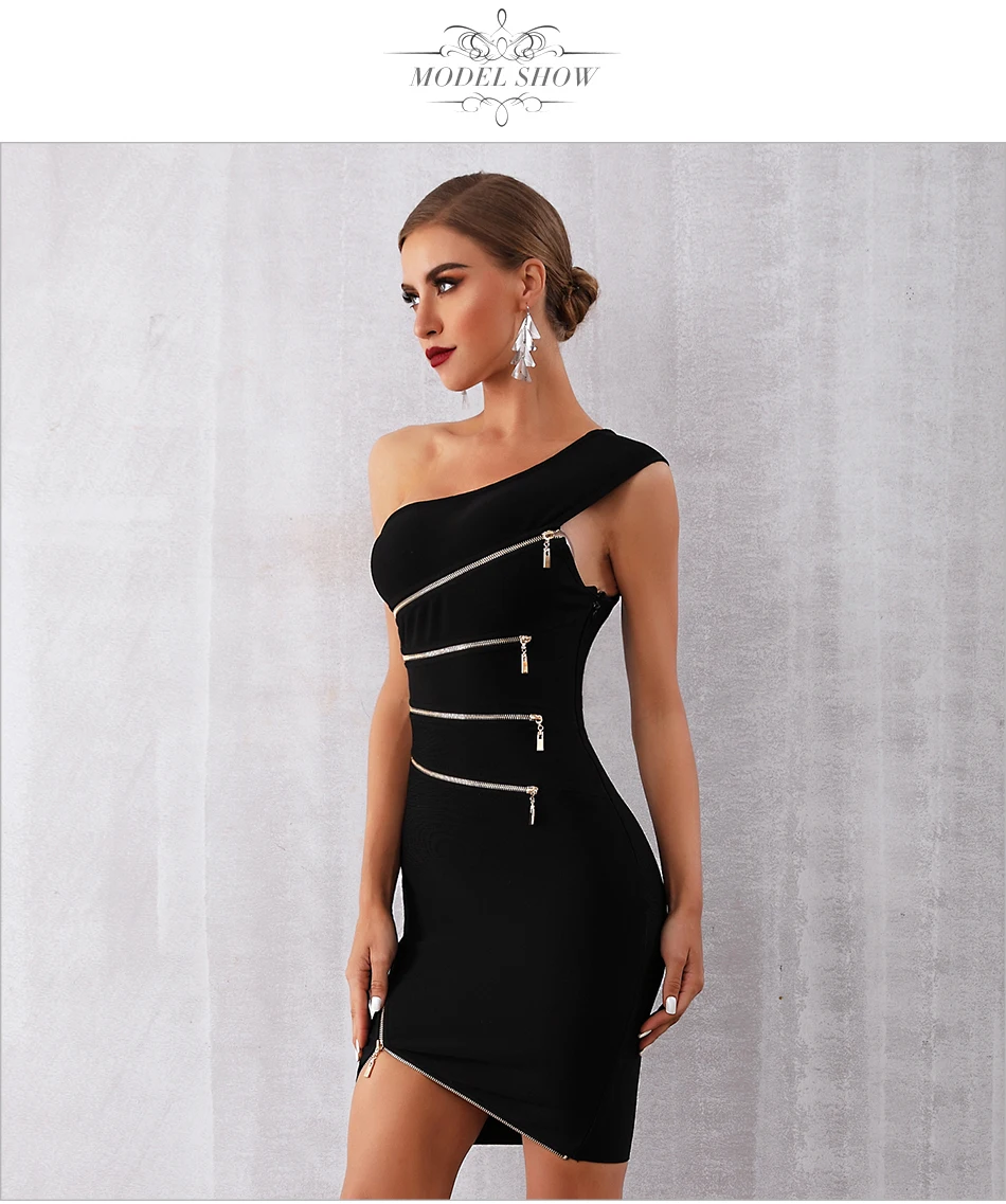 Elegant One Shoulder Zipper Black Club Party Bandage Dress