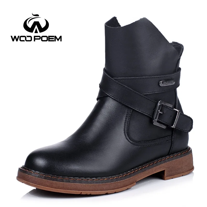 

WooPoem Autumn Winter Shoes Women Breathable Cow Leather Motorcycle Boots Comfortable Low Heel Ankle Boots Zip Women Boots 1185