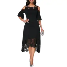 New Fashion Summer Vintage Lady Plus Size Solid Lace Cold Shoulder Short Sleeve Irregular Evening Party Dress Vestidos For Women