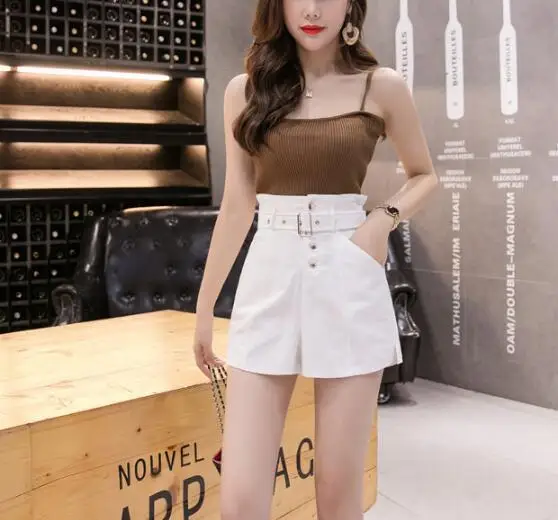 

Spring Summer Formal Shorts Women Korean High Waist Thick Sashes Wide Leg Shorts Female Black Elastic Cool Punk 2019
