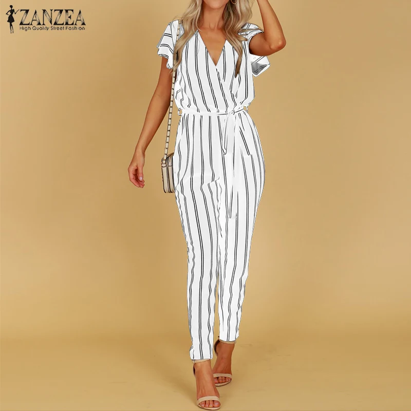 

ZANZEA 2019 Striped Jumpsuit Women Hight Waist Casual Trousers Ladies Sexy V Neck Belted Bodysuit Workwear Overall Plus Size 5XL