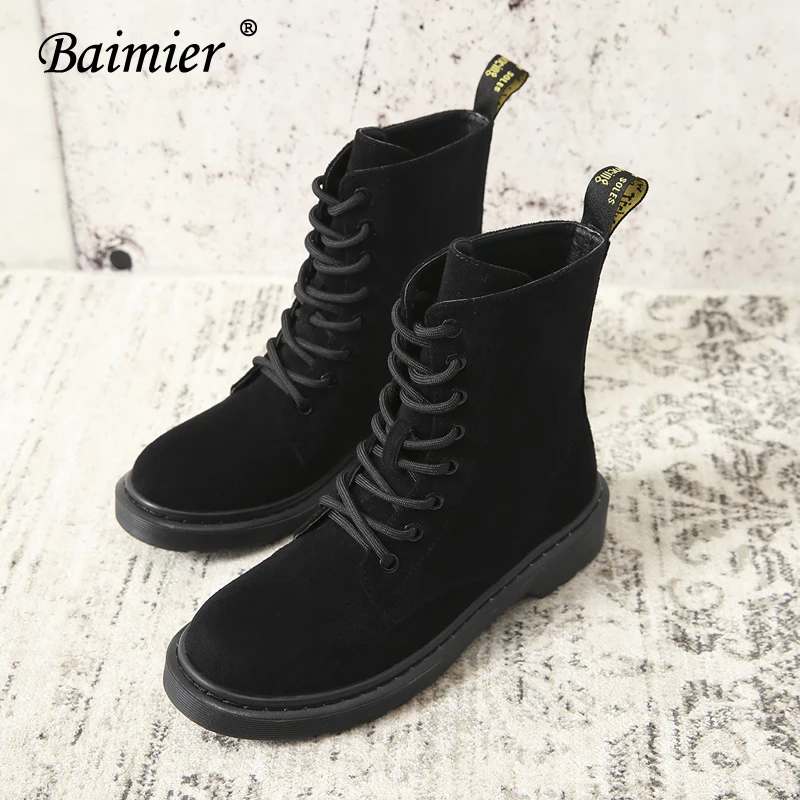 Baimier Winter Black Patent Leather Women Boots Fashion Round Toe Lace Up Ankle Boots For Women Warm Plush Women Winter Boots