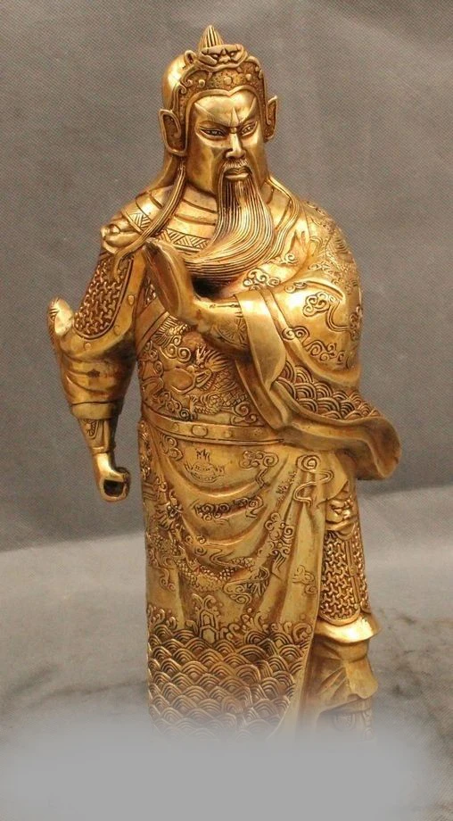 

13" Chinese Folk Brass Stand General Guan Gong Yu Warrior God Statue Sculpture