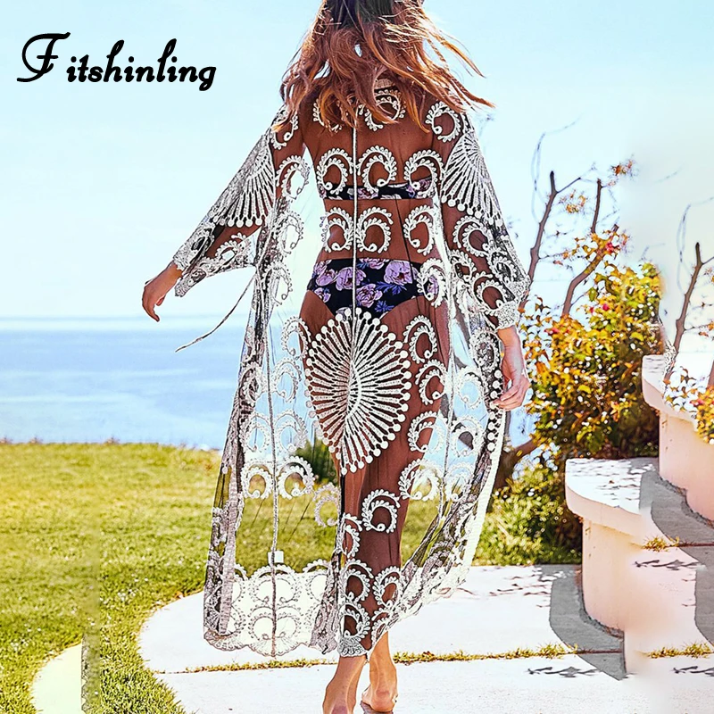 

Fitshinling Mesh Beach Cover Up Swimwear Embroidery Flower See Through Kimono Summer Long Cardigan Holiday Sexy Hot Cover-Ups