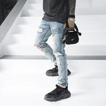 EFUNGAL, мужские джинсы, рваные, обтягивающие брюки, модная уличная одежда, с надписями, забавный рисунок, 3d принт, тонкие, в стиле хип-хоп, синие джинсы KS01