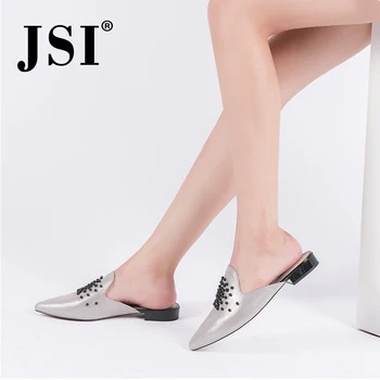 

JSI 2020 New Arrival Slip-on Woman Solid Casual High-quality Sheepskin Silver Mule Shoes Black String Bead Trending Flats JC122