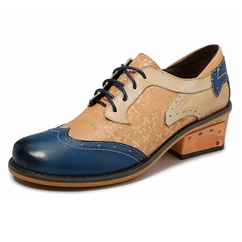 

Vintage Oxford Pumps Women Shoes Woman Mixed-color Genuine Leather Lace Up Retro Casual Women Brogue Shoes Block Heels