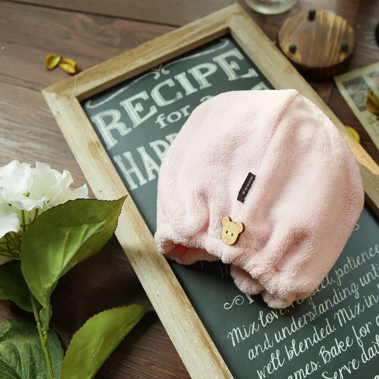 

waste-absorbing ultrafine fiber quick dry hair cap toe cap covering towel pink color shower cap