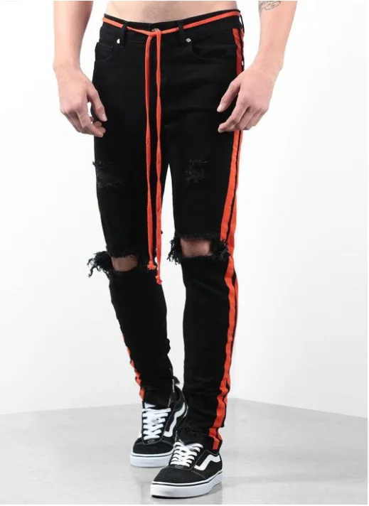 Moda Masculina Pantalones Vaqueros Hombre Kot Pantolon Foot Zipper Ripped Jeans for Men Red Webbing Black Men Jeans Pants Denim