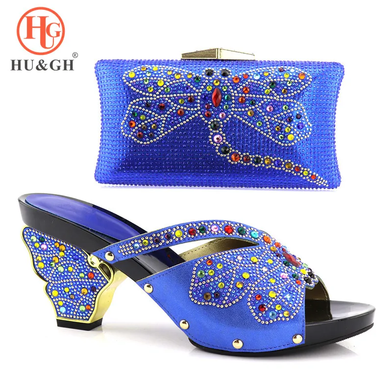 

African Women Matching Italian Shoe and Bag Set for Wedding Italian Shoes with Matching Bags Italy Shoes Blue Color Parties shoe