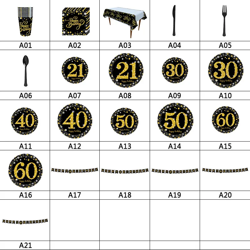 18/21/31/40/50th черный золотой счастливый посуда для вечеринки в честь Дня Рождения наборы скатерть чашки тарелки салфетки Свадебные принадлежности для юбилейной вечеринки