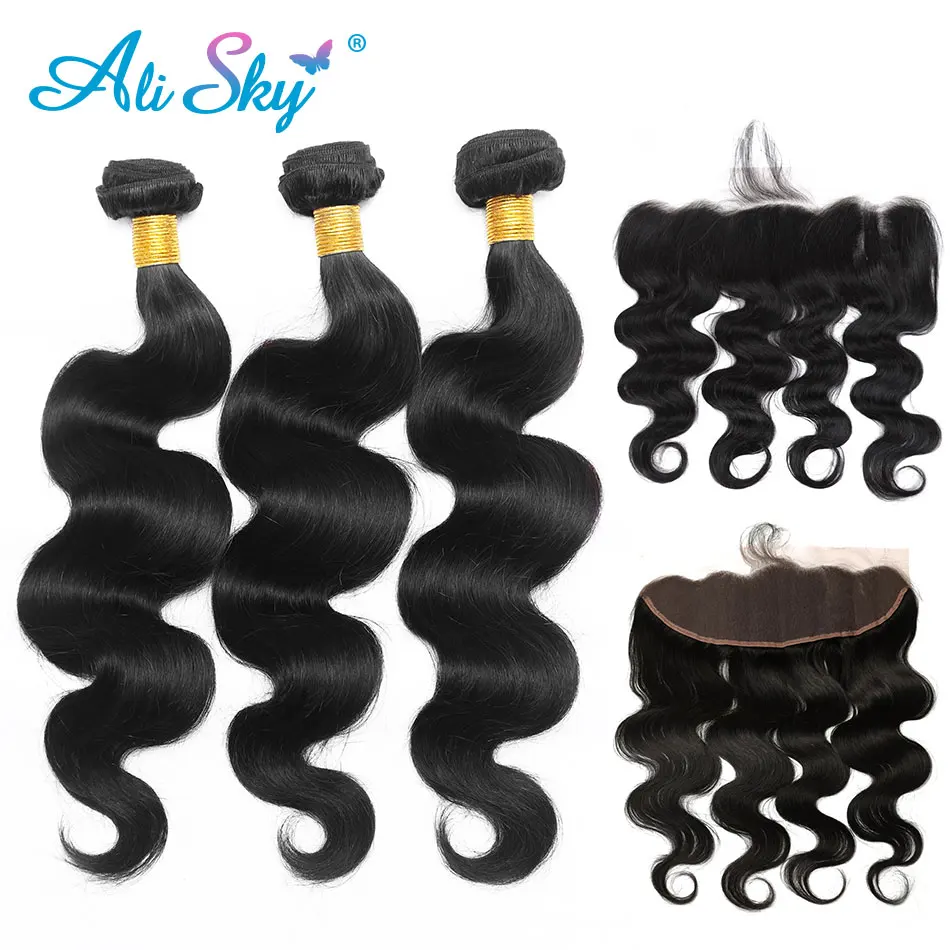 

Peruvian body wave 3 Bundles with 13x4 Lace frontal With Baby Hair 100% human hair Non Remy Ali Sky Black No Tangle No Shedding