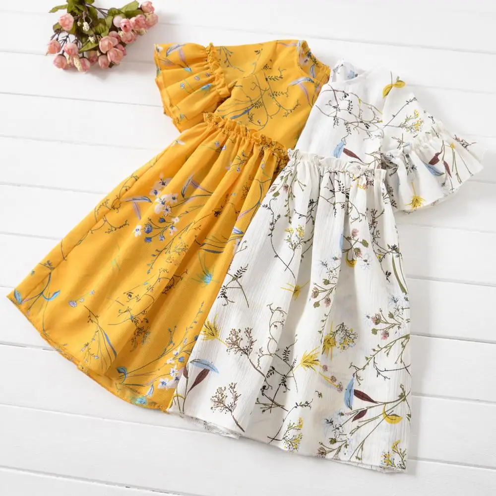 Детская одежда г. Летнее платье для девочек повседневные расклешенные платья с короткими рукавами и рюшами с цветочным принтом для девочек G009